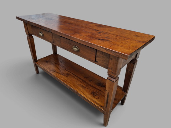 Classic Teak Sidetable, Wall Table, Console, Heavy Model, Dimensions: 140x45cm and 80cm high. – Wood, Brass (photo 2 of 5)