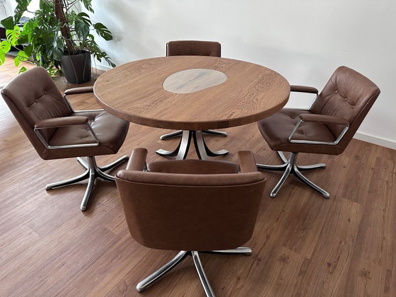 Image 1 of Ronde Tecno eet- en vergadertafel – Massief eikenhout met glazen inzetstuk