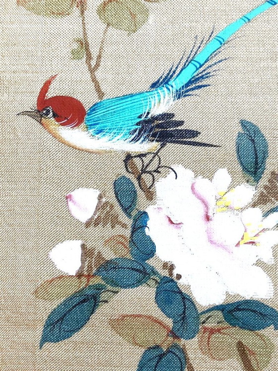 Image 1 of Chinesische Seidenmalerei, 1930, Volkskunst, Orientalische Bienenfresser, Signiert