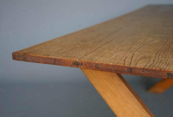 Image 1 of Rustic Cherry & Oak Wood Farmhouse X-Frame Dining Table, 1940s