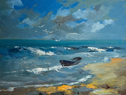 Origineel olieverfschilderij: Strand, zeelandschap, meeuwen aan de kust.