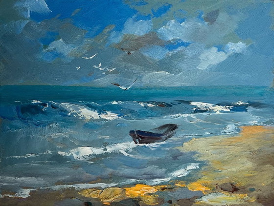 Image 1 of Original Oil Painting Beach Sea Landscape Seagulls on the seashore