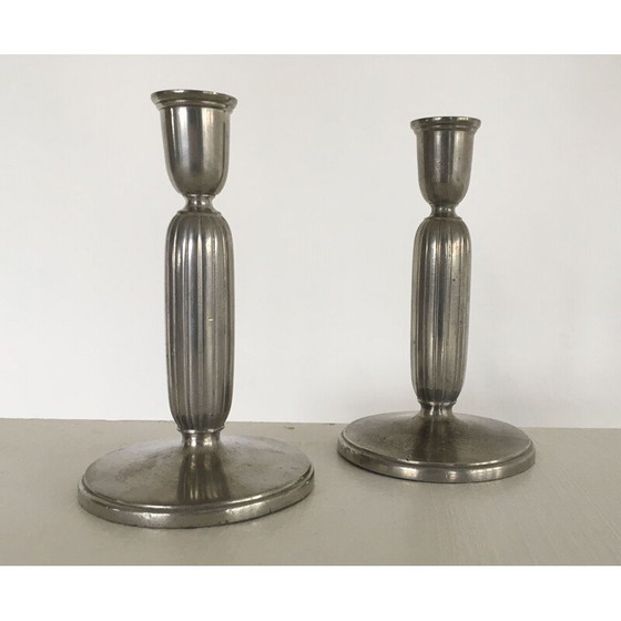 Image 1 of Pair of vintage Art Deco pewter candlesticks by Just Andersen