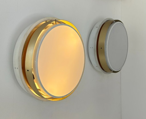 Paar XL vintage wandlampen, messing en opaline, Denemarken 1970