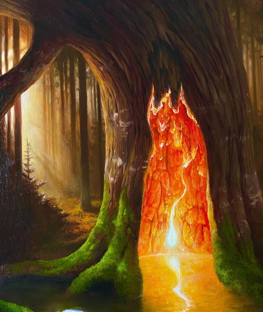 Original Oil Painting Tree Landscape Fantasy The Secret in the Forest – schilderijen tekeningen, Canvas (photo 2 of 8)