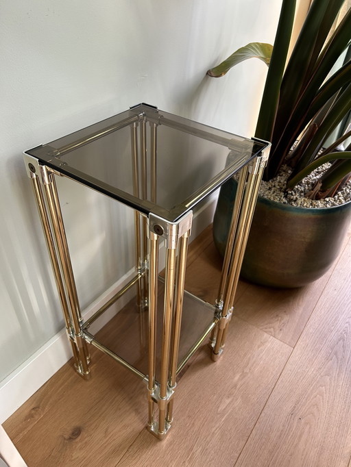 Vintage brass side table with smoked glass in 1970s style (Hollywood Regency)