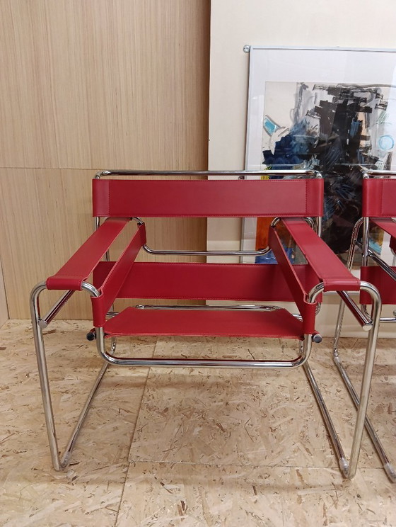 Image 1 of KNOLL Studio Set van 2 WASSILY B3 fauteuils (NIEUW) in rood leer