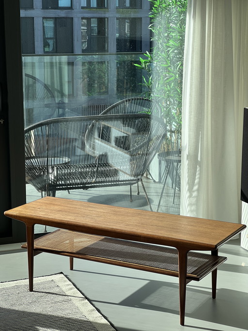 Vintage Mid-Century Teak Coffee Table with Rattan Base