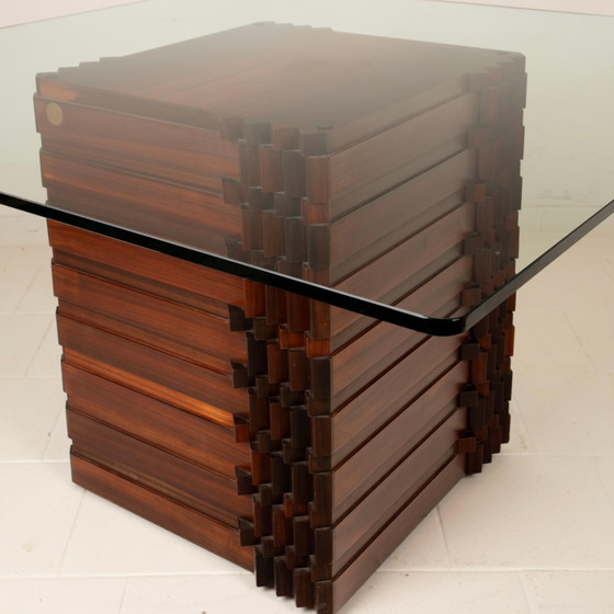Table "Diamante" en padouk africain de style brutaliste par Luciano Frigerio avec plateau en verre, 1970 (photo 15 of 26)