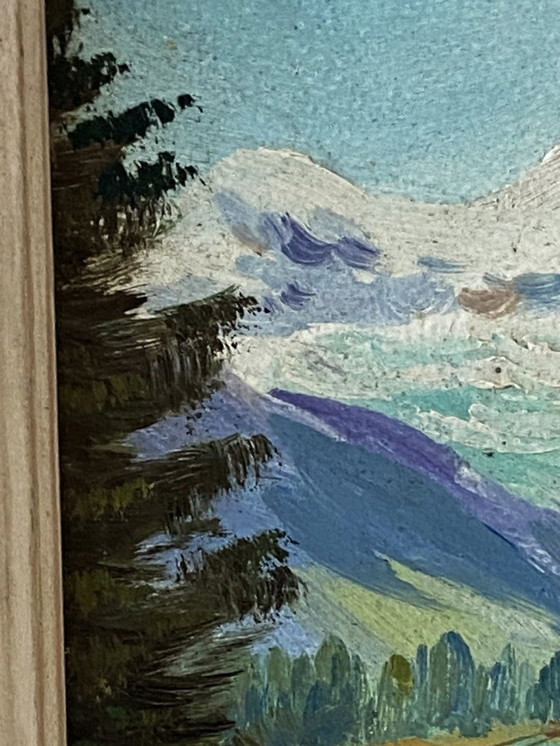 Image 1 of Dipinto ad olio su tavola d'epoca, firmato Claude Sargue, paesaggio montano n. 2