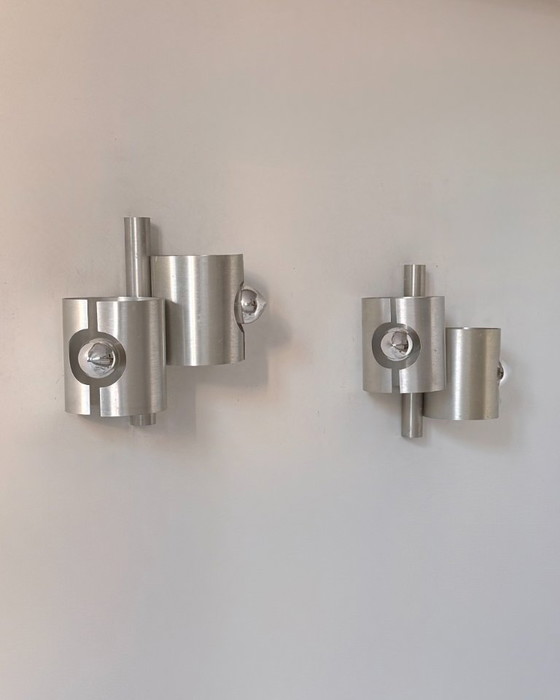 Paar vintage dubbele wandlampen van geborsteld metaal, Frankrijk 1970 – Aluminium (photo 3 of 7)