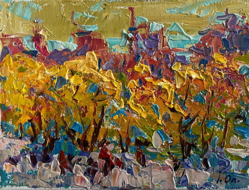 Pintura al óleo original Paisaje urbano otoñal Callejón urbano otoñal