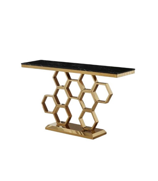 RUSH — Consolle di design color oro con struttura a nido d'ape e piano in marmo nero