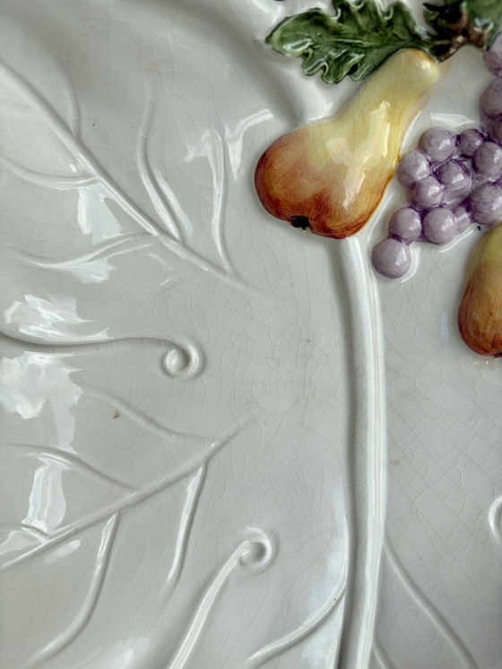 Grote vintage Italiaanse majolica fruitschaal – Druivenblad met reliëf fruit (30 cm) – Schalen, Ceramic (photo 4 of 7)
