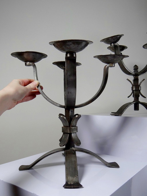 Pair Of Massive Brutalist Wrought Iron 4-Light Vintage Candlesticks