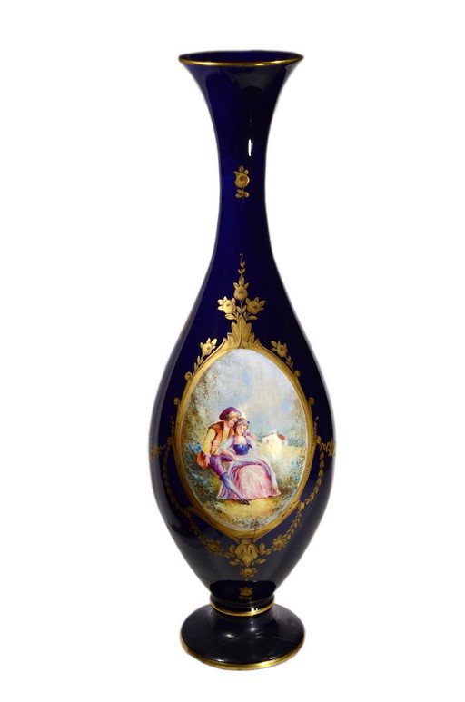 Kobaltblauwe vaas met medaillonversiering, in de stijl van Sèvres, 19e eeuw, Frankrijk, 19x58 cm – vazen, Gold, Porcelain