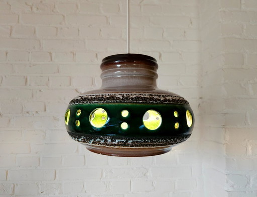 Keramieken aardewerken vintage XXL hanglamp van Herda, west germany fat lava stijl, keramische retro, groene hanglamp