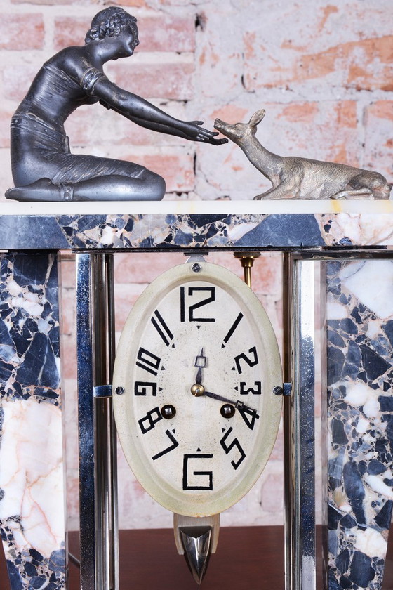 Restored Art Deco Fireplace Clock, Marble, Bronze, Glass, France. 1920s, Black (photo 15 of 15)