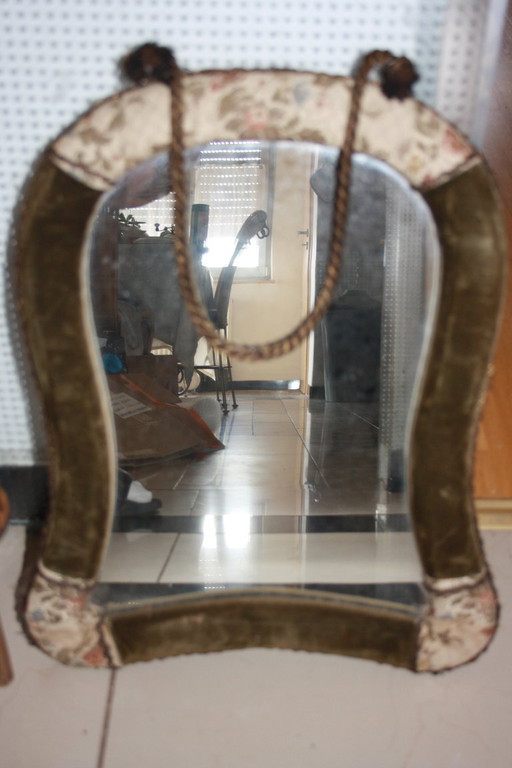 Miroir antique avec cadre en tissu et cordelette - hauteur 48 cm, largeur 39 cm