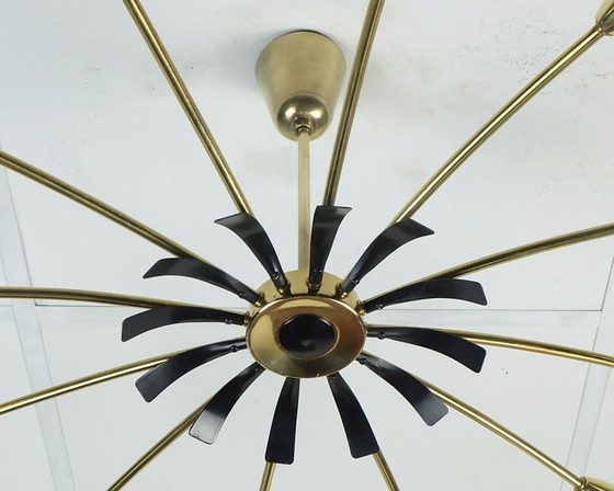 Image 1 of large 12-light sputnik spider ceiling light brass black metal 1950s mid century stilnovo era