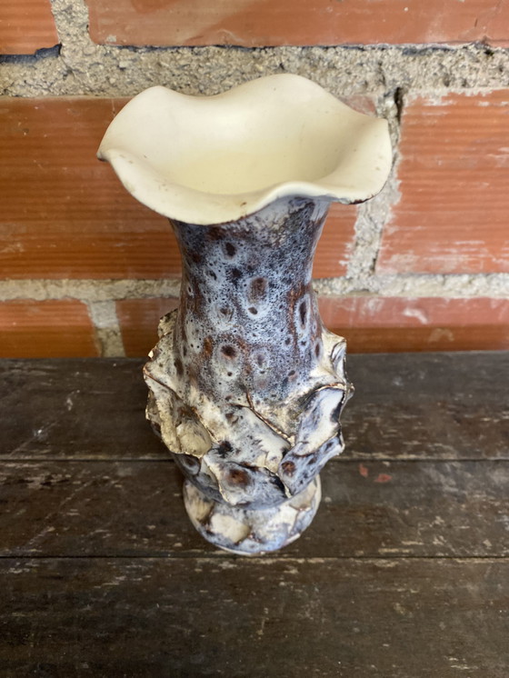 Image 1 of Vase Ancien Marius GIUGE Fat Lava Céramique Écumes Gris & Blanc Vintage #D384