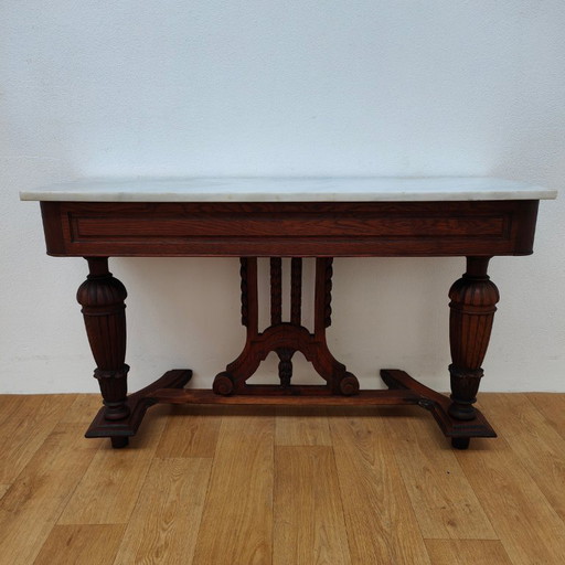 Antieke Franse sidetable, haltafel, bijzettafel met marmer blad