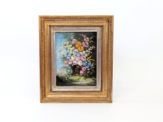 Image 1 of Peinture à l'huile florale ancienne sur toile dans un cadre doré orné, signée par l'artiste