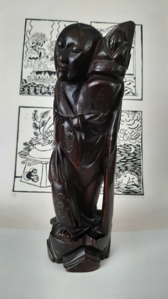 Image 1 of Antiek Chinees houten beeld, 1920 met zilverinleg