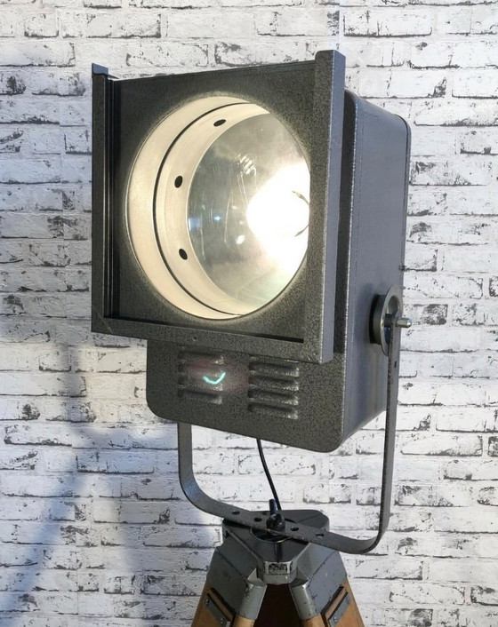 Image 1 of Vintage Grey Theater Spotlight on Wooden Tripod, 1980s