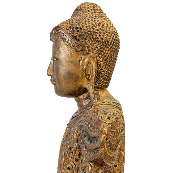 Antique Burmese Jambupati Buddha with glass mosaic, c. 1900 – Sculpture, Wood, Gold (photo 10 of 11)