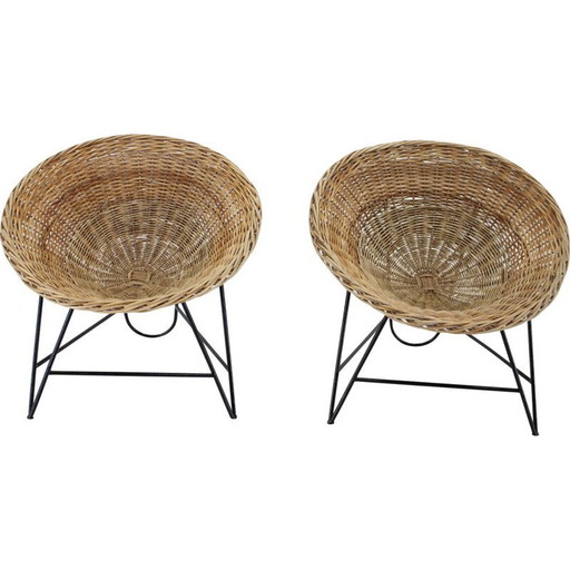 Coppia di sedie vintage in rattan intrecciato con gambe a forcina, Germania 1960