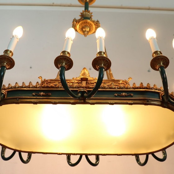 Lampadario in bronzo dorato e metallo laccato verde, 20 lampadine, Italia, inizio XX secolo. – Bronze (photo 6 of 18)