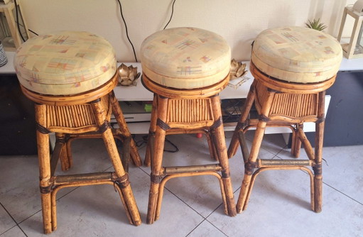 ORIGINAL •Rausch Classics• Karlsruhe Barhocker Rattan MID-CENTURY Boho-Tiki-Stils 70er (3er-Set) Drehfunktion