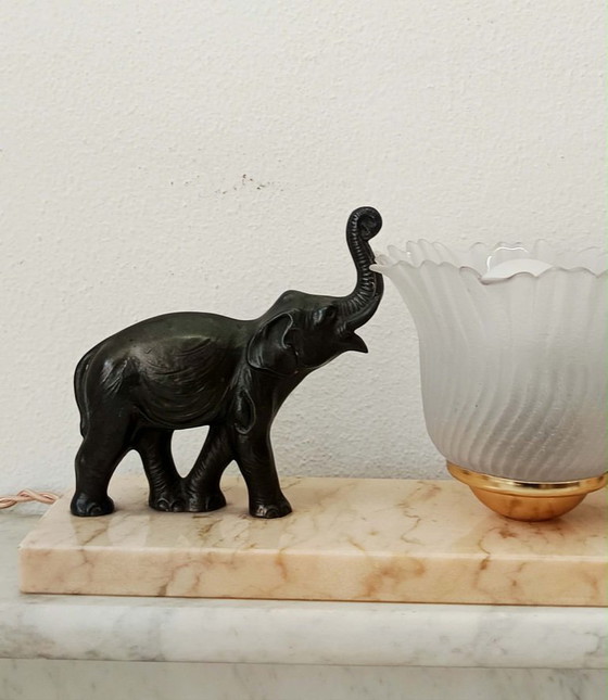 Art Deco nachtlampje met bronzen en marmeren olifanten – Tafellampen (photo 4 of 8)
