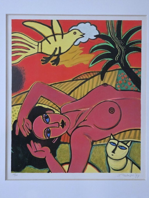Corneille - Rosa Frau mit Vogel und Katze - Signiert - 1994