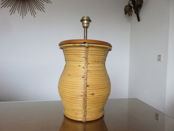 Image 1 of XXL lamp in the style of Gabriella Crespi, rattan, leather and wood, 60s-70s