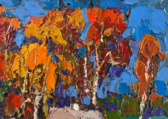 Image 1 of Original Oil Painting Autumn Village Landscape The gold of an October day