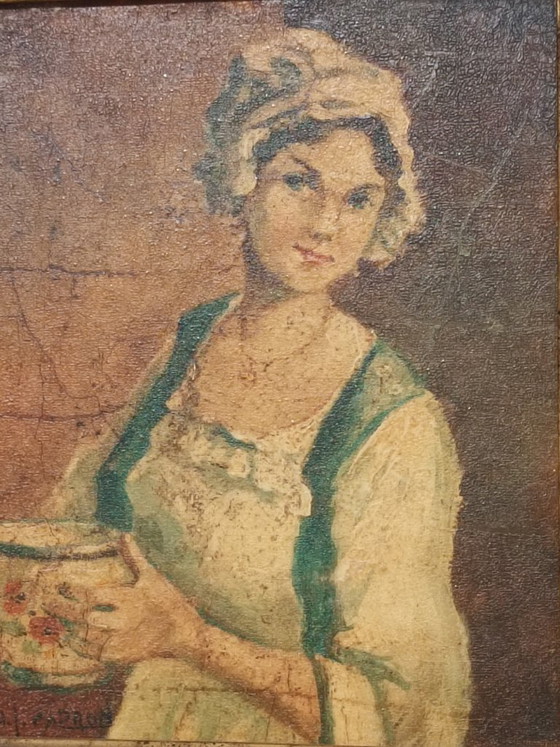 Image 1 of Olio su tela, Michel Capron, Giovane donna con ciotola, Francia, circa 1950