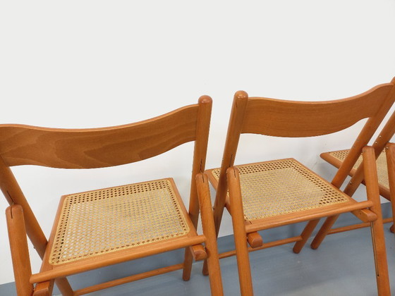 Image 1 of Set of 4 vintage Habitat folding chairs in beech wood and caning from the 1980s