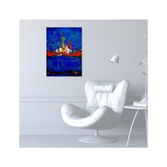Image 1 of Abstract blue and red colors acrylic painting on stretched canvas
