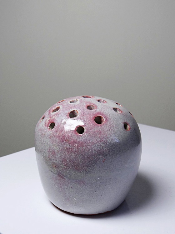 Image 1 of Glazed terracotta flower frog signed PB 86, vintage 1980s