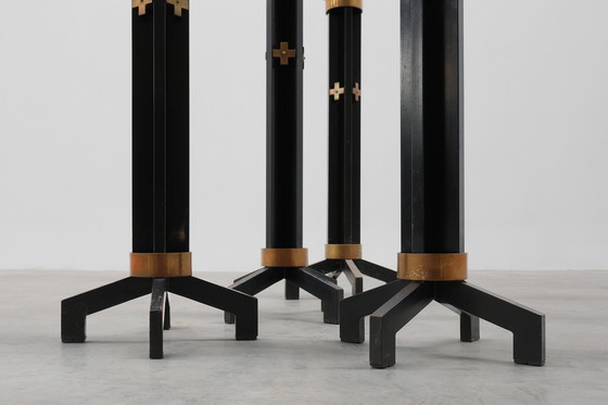 Image 1 of Rare set of 4 very large church candle sticks in black metal and copper, 1960s