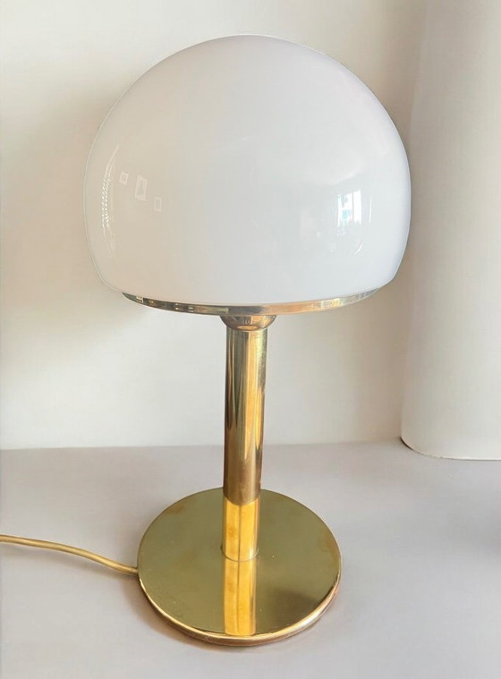 Image 1 of Set of 2 Bauhaus table lamps in Wagenfeld design WA 24 produced by Eckert Glas, Germany 1930s / 40s. Brass with opal glass