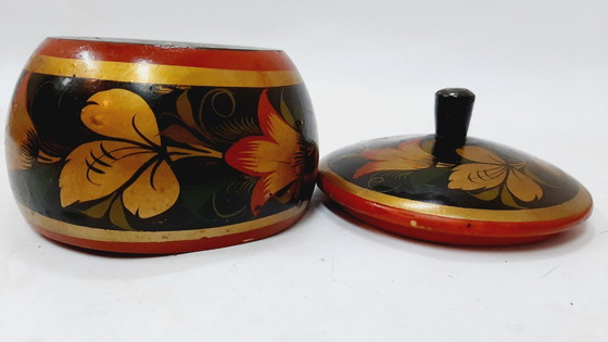 Image 1 of Vintage Hohloma Wooden Sugar Bowl, Box with Lid