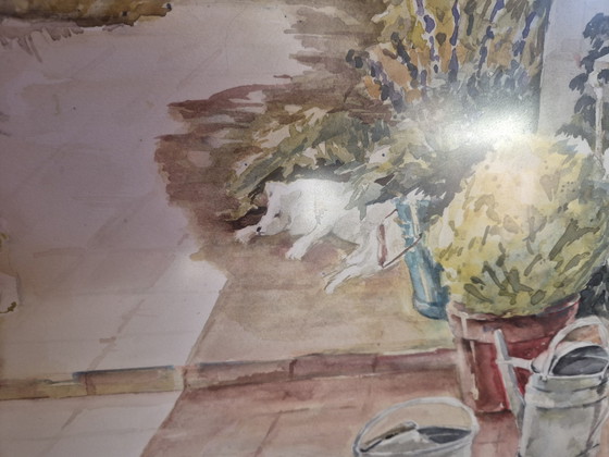 Image 1 of Grande aquarelle romantique signée, dans un magnifique cadre.