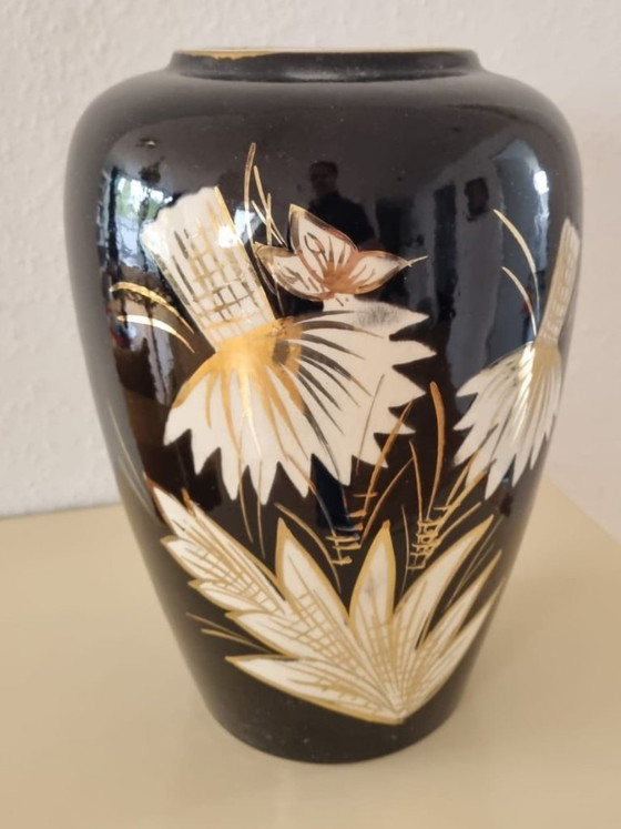 Image 1 of Vaso in ceramica Vintage Bay 236/30 – Nero con decoro in oro – anni '50/'60
