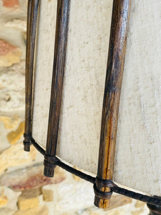 Image 1 of Mid-Century, Turned Wood, Bamboo Rattan Floor Lamp Circa 1950s