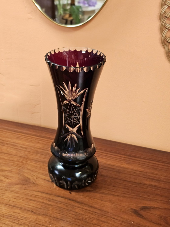 Antique Bohemian Ruby Red Cut Crystal Vase (photo 3 of 9)