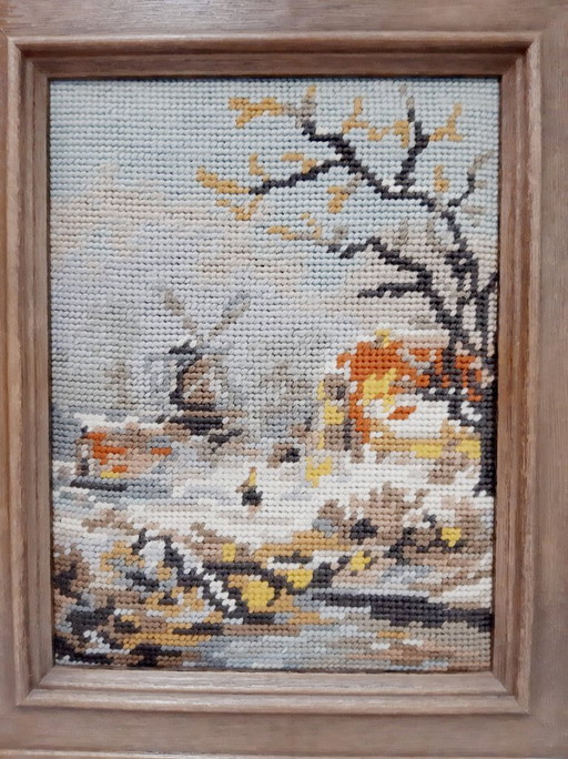 Paisaje invernal vintage alemán, enmarcado, con punta de aguja hecha a mano.