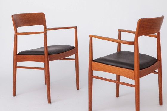 Image 1 of Set of 2 Henning Kjærnulf Armchairs, Korup Stolefabrik 1960s, Danish Teak Chairs, Black Leather, Mid Century Modern